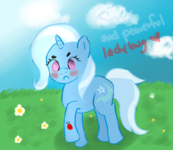 Size: 2893x2508 | Tagged: safe, artist:mermaidfarts, trixie, ladybug, pony, unicorn, g4, blushing, cloud, cloudy, female, flower, grass, high res, mare, solo