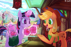 Size: 1023x688 | Tagged: safe, artist:jowyb, applejack, twilight sparkle, pony, unicorn, g4, apple, bits, coin, concession stand, fruit stand, herbivore, magic, unicorn twilight