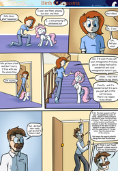 Size: 1280x1853 | Tagged: safe, artist:shieltar, princess celestia, oc, oc:grace harmony, oc:professor harmony, human, comic:birth of equestria, g4, cewestia, comic, cute, dialogue, female, filly, misspelling, pink-mane celestia