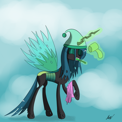 Size: 2000x2000 | Tagged: source needed, safe, artist:soveno, queen chrysalis, changeling, changeling queen, g4, bathroom, female, high res, magic, solo, young