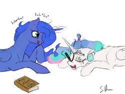 Size: 1280x960 | Tagged: safe, artist:silfoe, princess celestia, princess luna, alicorn, pony, royal sketchbook, g4, body writing, drunk, drunklestia, face doodle, glowing, glowing horn, horn, magic, prank, telekinesis, this will end in tears and/or a journey to the moon, tongue out