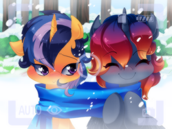 Size: 853x640 | Tagged: safe, oc, oc only, pony, unicorn, blushing, clothes, eyes closed, female, mare, scarf, shared clothing, shared scarf, snow