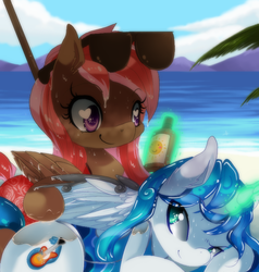 Size: 700x736 | Tagged: safe, artist:loyaldis, oc, oc only, pony, unicorn, beach, clothes, female, heart eyes, magic, mare, sunglasses, sunscreen, swimsuit, umbrella, wingding eyes