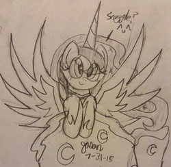 Size: 1810x1767 | Tagged: safe, artist:snakejaybeat, princess luna, g4, female, monochrome, snuggles?, solo, spread wings, traditional art