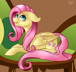 Size: 1001x952 | Tagged: safe, artist:peaceouttopizza23, fluttershy, g4, couch, female, floppy ears, prone, smiling, solo
