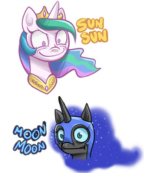 Size: 709x847 | Tagged: safe, artist:ailish, nightmare moon, princess celestia, princess luna, g4, :i, glare, moon moon, royal sisters, simple background, smirk, sun sun, wide eyes