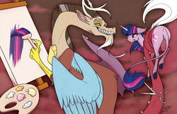 Size: 1280x829 | Tagged: safe, artist:probablyfakeblonde, discord, twilight sparkle, classical unicorn, draconequus, pony, unicorn, g4, annoyed, duo, easel, female, grin, gritted teeth, horn, leonine tail, male, mare, paint, paintbrush, painting, palette, scissors, tail hold, unicorn twilight