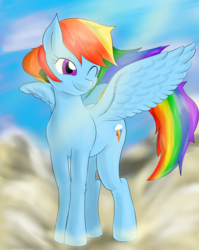 Size: 1546x1939 | Tagged: safe, artist:汚自慰, rainbow dash, g4, female, one eye closed, pixiv, solo, spread wings, wings