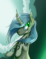 Size: 2100x2700 | Tagged: safe, artist:kerslap, queen chrysalis, changeling, changeling queen, g4, female, grin, high res, rearing, solo