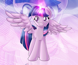 Size: 900x755 | Tagged: safe, artist:ikuvaito, twilight sparkle, alicorn, pony, g4, female, glowing horn, horn, mare, smiling, solo, spread wings, twilight sparkle (alicorn), wings, zoom layer