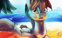 Size: 6000x3712 | Tagged: safe, artist:alumx, rainbow dash, g4, absurd resolution, female, looking at you, open mouth, palm tree, solo, tree, underhoof