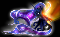 Size: 2022x1235 | Tagged: safe, artist:the-fox-lord, princess luna, g4, crepuscular rays, female, frown, sitting, solo, sun