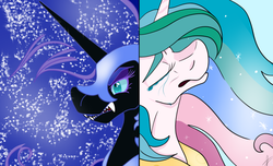 Size: 1912x1165 | Tagged: safe, artist:the-fox-lord, nightmare moon, princess celestia, g4, crying, eyes closed, growling