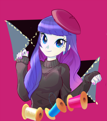 Size: 500x566 | Tagged: safe, artist:pan, rarity, equestria girls, g4, abstract background, beatnik rarity, beret, bust, clothes, cute, female, hat, nail polish, raribetes, solo, sweater, thread