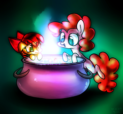 Size: 2034x1882 | Tagged: safe, artist:juisedrop, apple bloom, applejack, pinkie pie, earth pony, pony, g4, appletini, brew, cauldron, cute, duo focus, glowing, pot