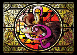 Size: 4847x3462 | Tagged: safe, artist:cigitia, octavia melody, g4, cutie mark, female, modern art, music, music notes, nouveau, solo, stained glass, stoic, treble clef, windswept mane