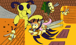 Size: 1280x768 | Tagged: safe, artist:fantasyglow, fluttershy, bee, pegasus, pony, g4, crossover, honey, queen bee, terraria