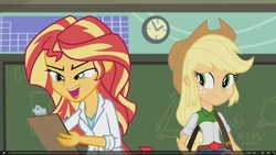 Size: 1920x1080 | Tagged: safe, screencap, applejack, sunset shimmer, equestria girls, g4, my little pony equestria girls: friendship games, the science of magic, chalkboard, clipboard, clock, pencil, sunset the science gal
