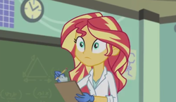 Size: 1213x705 | Tagged: safe, screencap, sunset shimmer, equestria girls, g4, my little pony equestria girls: friendship games, the science of magic, chalkboard, clipboard, clothes, female, lab coat, pencil, solo, sunset the science gal