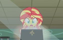 Size: 1014x646 | Tagged: safe, screencap, sunset shimmer, equestria girls, g4, my little pony equestria girls: friendship games, the science of magic, computer, female, laptop computer, oh crap face, shrunken pupils, solo, sunset the science gal, youtube link