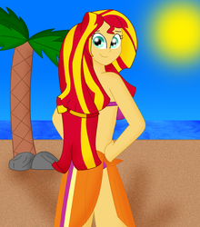 Size: 900x1021 | Tagged: safe, artist:cyber-murph, sunset shimmer, equestria girls, g4, beach, bikini, clothes, female, looking at you, looking back, palm tree, sarong, small head, solo, swimsuit, tree