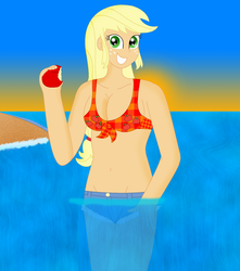 Size: 1716x1940 | Tagged: safe, artist:cyber-murph, applejack, equestria girls, g4, apple, bad anatomy, beach, belly button, bikini, clothes, female, looking at you, small head, solo, swimsuit
