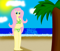 Size: 2616x2224 | Tagged: safe, artist:cyber-murph, fluttershy, equestria girls, g4, beach, belly button, bikini, clothes, female, high res, looking at you, palm tree, smiling, solo, swimsuit, tree