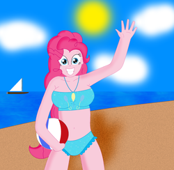 Size: 2048x1996 | Tagged: safe, artist:cyber-murph, pinkie pie, equestria girls, g4, armpits, beach, beach ball, belly button, bikini, boat, clothes, female, looking at you, smiling, solo, swimsuit, waving