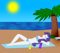 Size: 2012x1772 | Tagged: safe, artist:cyber-murph, rarity, equestria girls, g4, armpits, barefoot, beach, belly button, bikini, clothes, eyes closed, feet, female, lying down, on back, palm tree, smiling, soda, solo, sunscreen, swimsuit, tree