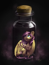 Size: 1500x2000 | Tagged: safe, artist:amishy, fluttershy, pegasus, pony, g4, bottle, cute, female, looking up, pony in a bottle, sitting, solo, trapped, underhoof, wings
