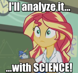 Size: 497x465 | Tagged: safe, screencap, sunset shimmer, equestria girls, g4, my little pony equestria girls: friendship games, the science of magic, batman, clipboard, clothes, college humor, female, image macro, lab coat, meme, pencil, reaction image, solo, sunset the science gal, thousand yard stare