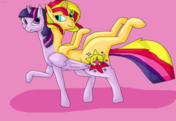 Size: 1280x883 | Tagged: safe, artist:mojo1985, sunset shimmer, twilight sparkle, alicorn, pony, unicorn, g4, conjoined, female, fusion, long neck, mare, twilight sparkle (alicorn), we have become one, what has science done