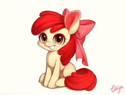 Size: 1024x775 | Tagged: safe, artist:ciciya, apple bloom, earth pony, pony, g4, adorabloom, blank flank, colored ears, cute, female, grin, pixiv, signature, sitting, solo
