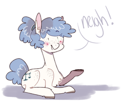 Size: 500x415 | Tagged: safe, artist:tokiball12345, oc, oc only, oc:caballus, earth pony, pony, blushing, butt freckles, chest fluff, cute, fluffy, freckles, hip freckles, hoovesandjustice, looking at you, neigh, no, open mouth, prone, shoulder freckles, shrug, simple background, smiling, solo, tumblr, underhoof, white background