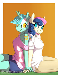 Size: 1280x1656 | Tagged: safe, artist:hobbsmeerkat, bon bon, lyra heartstrings, sweetie drops, earth pony, pony, unicorn, anthro, g4, alternative cutie mark placement, back to back, cleavage, clothes, couple, duo, female, holding hands, lesbian, looking at each other, looking back, off shoulder, ship:lyrabon, shipping, shoulder cutie mark, sitting, smiling