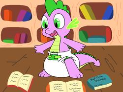 Size: 680x512 | Tagged: safe, artist:organic, spike, g4, book, diaper, non-baby in diaper, poofy diaper, solo
