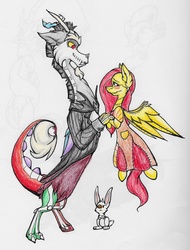 Size: 2185x2870 | Tagged: safe, artist:nekotigerfire, angel bunny, discord, fluttershy, g4, clothes, costume, crossover, female, high res, male, ship:discoshy, shipping, straight, the nightmare before christmas, traditional art
