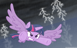 Size: 9600x6000 | Tagged: safe, artist:flarescale, artist:kishmond, twilight sparkle, alicorn, pony, g4, absurd resolution, female, flying, lightning, ocean, rain, solo, twilight sparkle (alicorn), wallpaper, water, wet