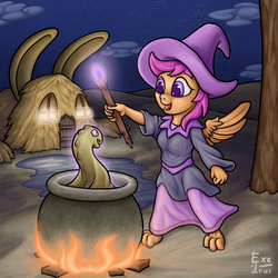 Size: 1536x1536 | Tagged: safe, artist:exedrus, scootaloo, anthro, g4, cauldron, desert, fire, hat, magic, night, witch, witch hat