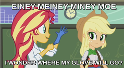Size: 620x343 | Tagged: source needed, useless source url, safe, screencap, applejack, sunset shimmer, equestria girls, friendship games, g4, the science of magic, caption, image macro, implied fingering, kung pow, meme, rubber gloves, sunset the science gal, sunset's prostate exam