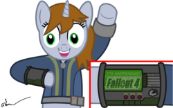 Size: 2400x1500 | Tagged: safe, artist:the barbaric brony, oc, oc only, oc:littlepip, pony, unicorn, fallout equestria, arm, buttons, clothes, crossover, electronic, fallout, fallout 4, fanfic, fanfic art, female, futuristic, hooves, horn, jumpsuit, mare, monitor, open mouth, paint.net, pipboy, pipbuck, signature, simple background, solo, teeth, text, transparent background, vault suit, vector, watermark
