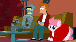 Size: 1280x720 | Tagged: safe, artist:mixermike622, oc, oc:fluffle puff, fluffurama, g4, animated, bender bending rodríguez, cereal, couch, crossover, futurama, male, nom, philip j. fry, youtube link