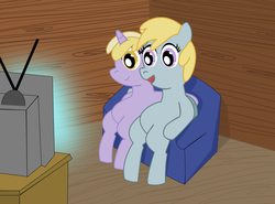 Size: 1024x756 | Tagged: safe, artist:lordswinton, chirpy hooves, dinky hooves, g4, couch, sibling bonding, television