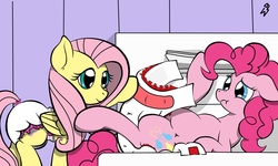 Size: 1280x768 | Tagged: safe, artist:thenocturnalrainbow, fluttershy, pinkie pie, earth pony, pegasus, pony, g4, diaper, diaper change, diaper fetish, female, lying down, mare, non-baby in diaper, on back, super crinkle pony adventure 64