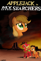 Size: 1092x1628 | Tagged: safe, artist:walliscolours, apple bloom, applejack, big macintosh, earth pony, pony, g4, apple family, crossover, desert, eyes closed, hat, male, poster, siblings, stallion, the searchers, trio