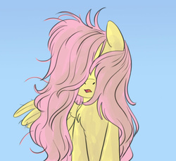 Size: 800x730 | Tagged: safe, artist:carnifex, fluttershy, pony, g4, blue background, chest fluff, cute, dirty, female, frown, hair over eyes, mare, messy mane, open mouth, simple background, solo, windswept mane