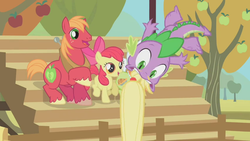 Size: 852x480 | Tagged: safe, screencap, apple bloom, applejack, big macintosh, granny smith, spike, earth pony, pony, fall weather friends, g4, apple family member, bleachers, female, filly, foal, gritted teeth, male, mare, offscreen character, sitting, stallion, tail bite, teeth