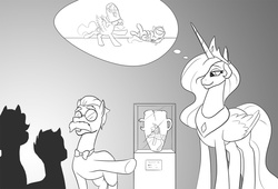 Size: 1001x680 | Tagged: safe, artist:mistermech, princess celestia, princess luna, g4, cute, cutelestia, filly, memories, monochrome, sillestia, silly, vase, younger