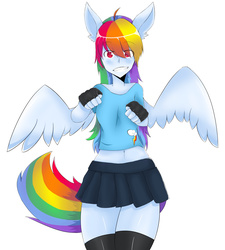 Size: 4000x4450 | Tagged: safe, artist:peebles15, rainbow dash, anthro, g4, belly button, clothes, female, fingerless gloves, gloves, human facial structure, midriff, miniskirt, skirt, socks, solo, thigh highs, zettai ryouiki
