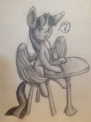 Size: 1936x2592 | Tagged: safe, artist:peebles15, twilight sparkle, alicorn, pony, g4, female, mare, monochrome, question mark, sitting, solo, table, traditional art, twilight sparkle (alicorn)